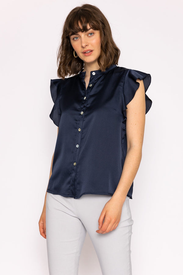 Carraig Donn Ruffle Satin Shirt in Navy