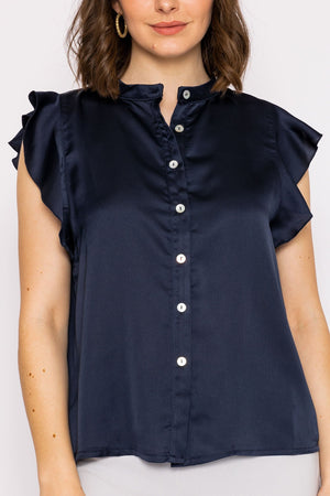 Carraig Donn Ruffle Satin Shirt in Navy