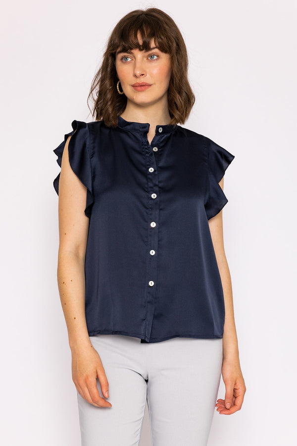 Carraig Donn Ruffle Satin Shirt in Navy