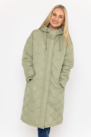 Carraig Donn Sage Green Long Line Hooded Coat
