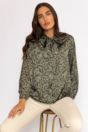Carraig Donn Sateen Pussybow Blouse in Khaki
