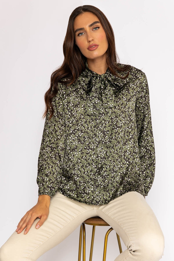 Carraig Donn Sateen Pussybow Blouse in Khaki