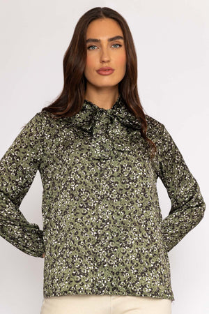 Carraig Donn Sateen Pussybow Blouse in Khaki