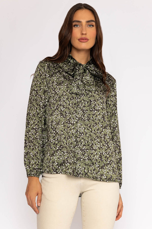 Carraig Donn Sateen Pussybow Blouse in Khaki