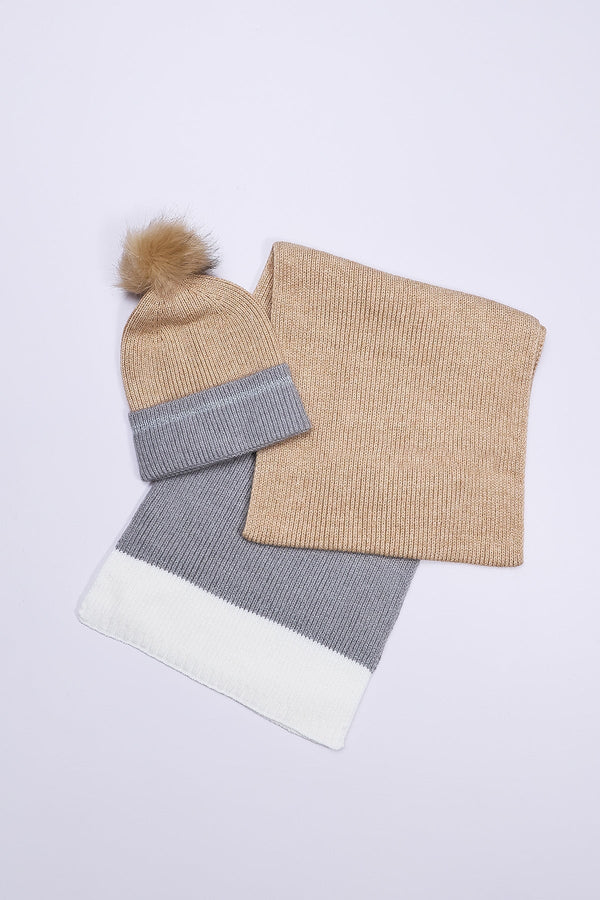 Carraig Donn Stripe Panel Scarf And Beanie in Camel