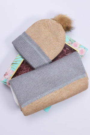 Carraig Donn Stripe Panel Scarf And Beanie in Camel