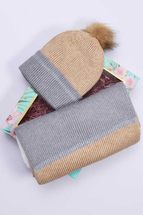 Carraig Donn Stripe Panel Scarf And Beanie in Camel