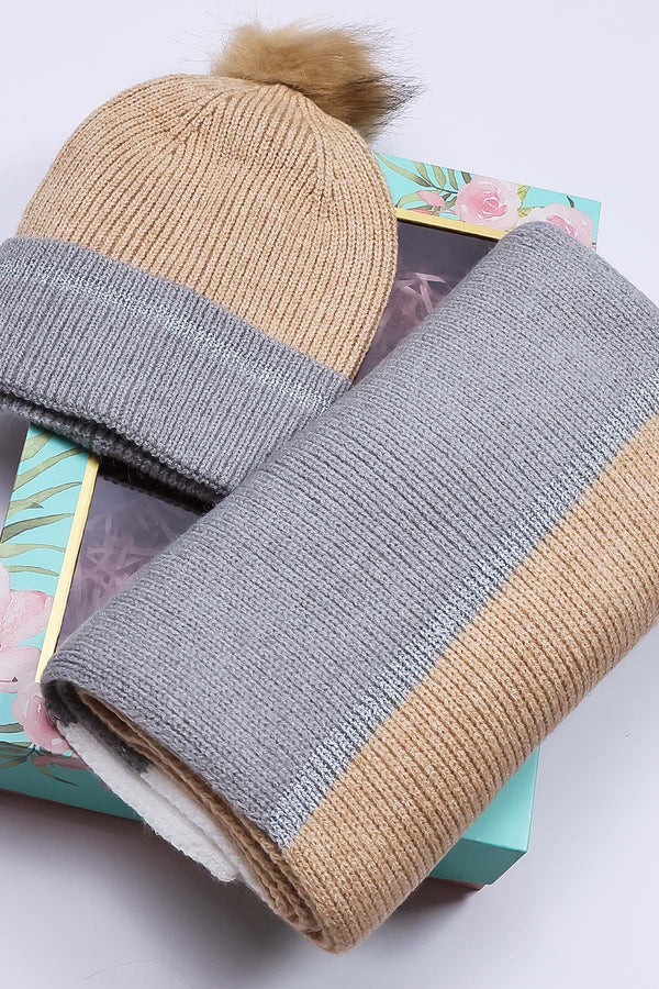 Carraig Donn Stripe Panel Scarf And Beanie in Camel