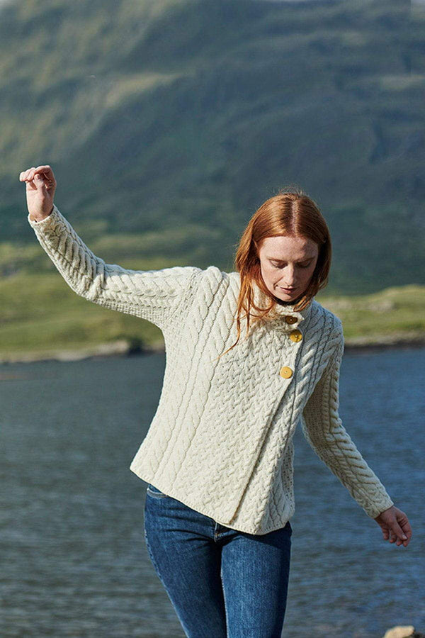 Carraig Donn Super Soft 3 Button Merino Wool Cardigan in White