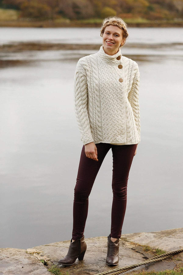 Carraig Donn Super Soft 3 Button Merino Wool Cardigan in White