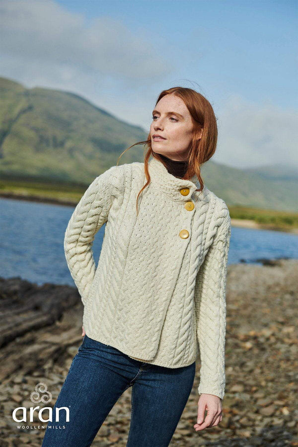 Carraig Donn Super Soft 3 Button Merino Wool Cardigan in White