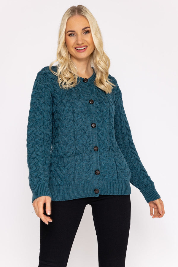 Carraig Donn Super Soft Merino Wool Cardigan in Teal