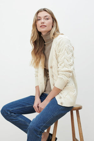 Carraig Donn Super Soft Merino Wool V-Neck Cardigan in Cream