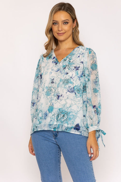 Tie Sleeve Blouse in Blue Print