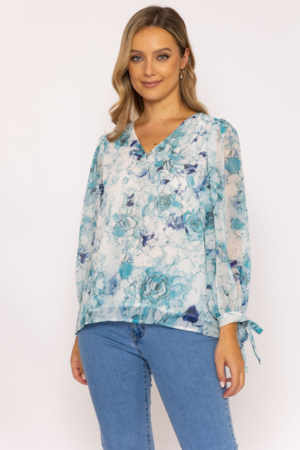 Carraig Donn Tie Sleeve Blouse in Blue Print