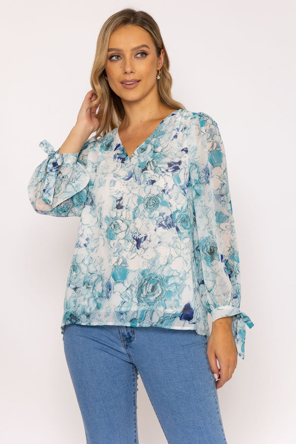 Carraig Donn Tie Sleeve Blouse in Blue Print