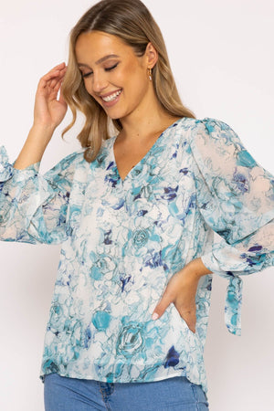 Carraig Donn Tie Sleeve Blouse in Blue Print