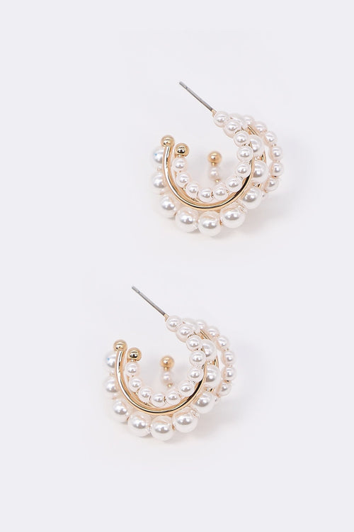 Triple Pearl Open Hoop Earrings