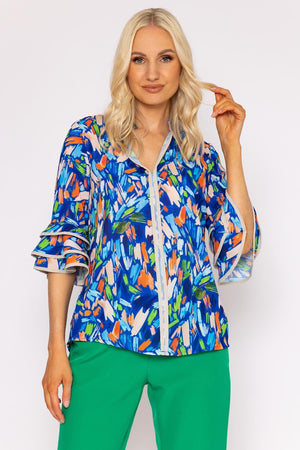 Carraig Donn V-Neck Frill Sleeve Top in Blue Print