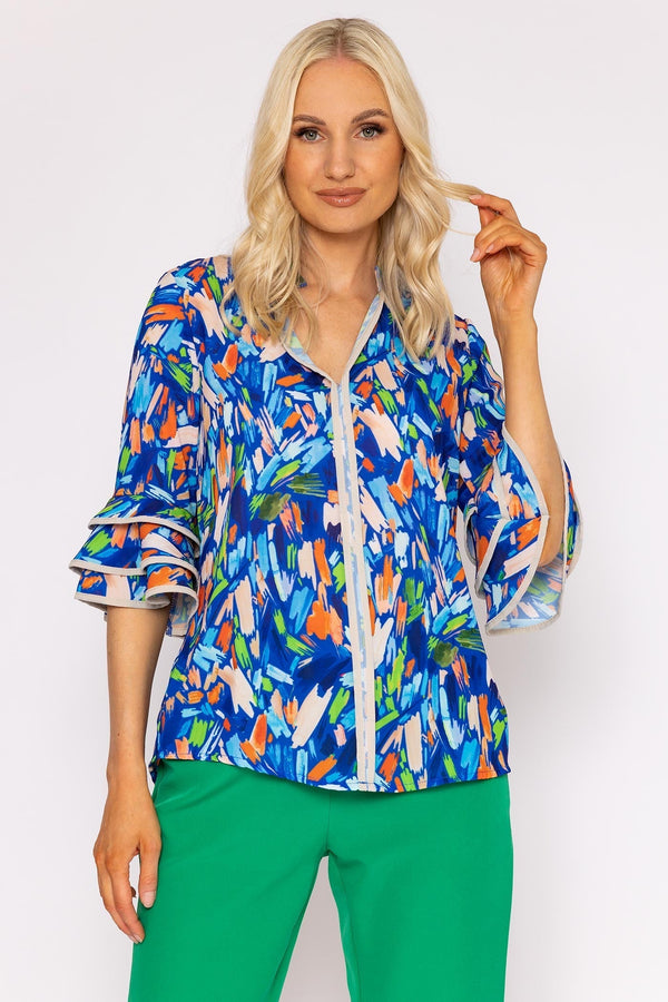 Carraig Donn V-Neck Frill Sleeve Top in Blue Print