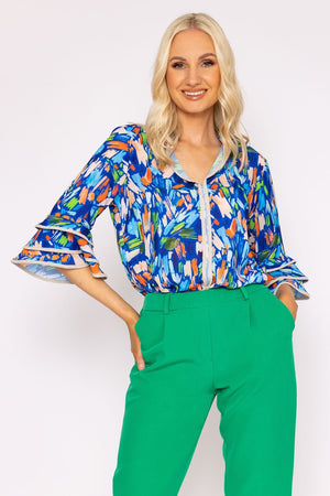 Carraig Donn V-Neck Frill Sleeve Top in Blue Print