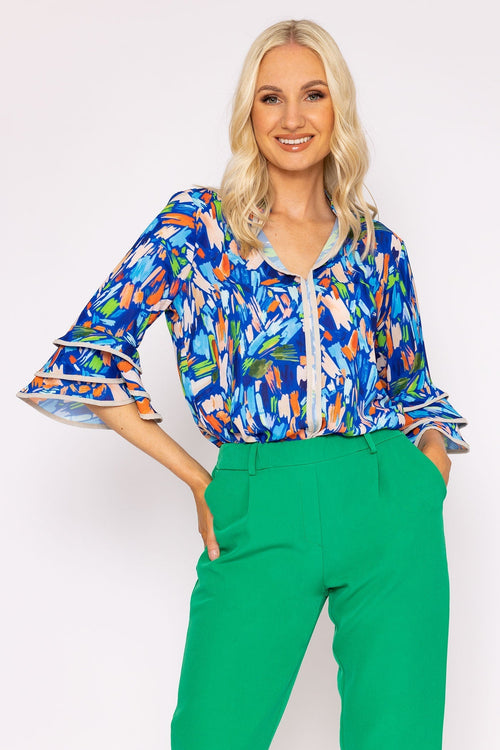 V-Neck Frill Sleeve Top in Blue Print