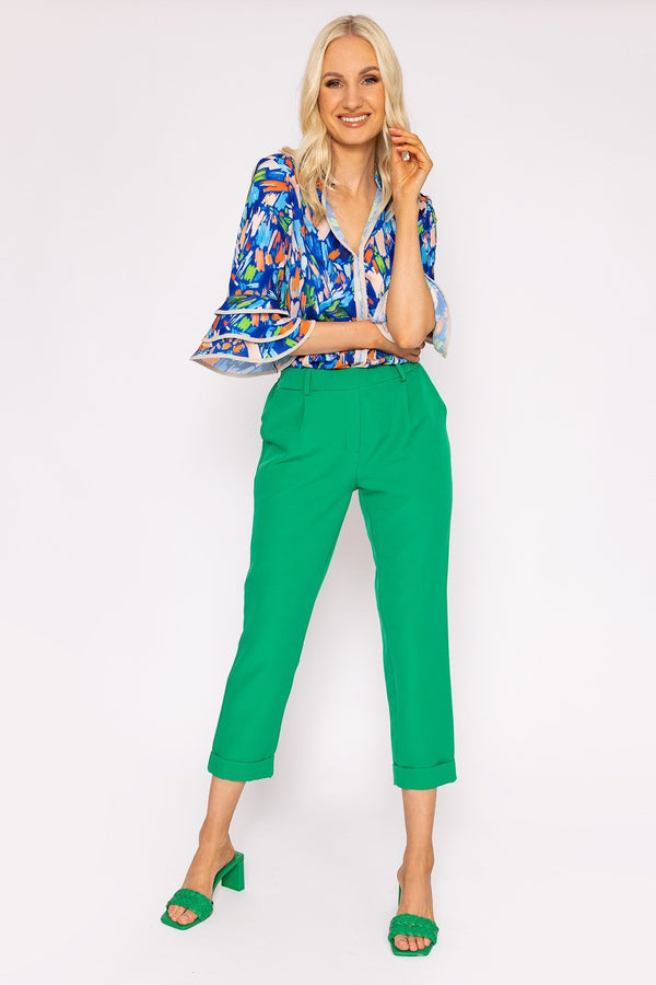 Carraig Donn V-Neck Frill Sleeve Top in Blue Print