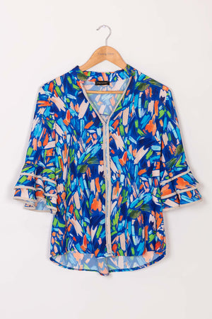 Carraig Donn V-Neck Frill Sleeve Top in Blue Print