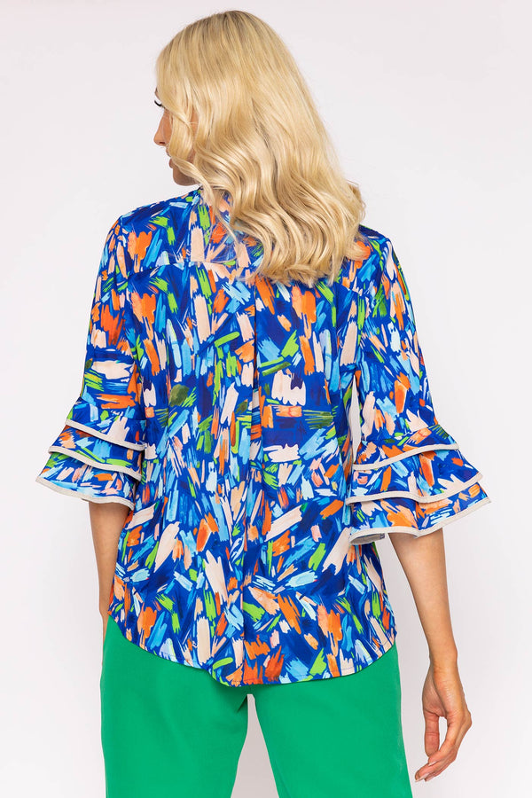Carraig Donn V-Neck Frill Sleeve Top in Blue Print