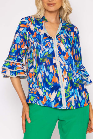 Carraig Donn V-Neck Frill Sleeve Top in Blue Print