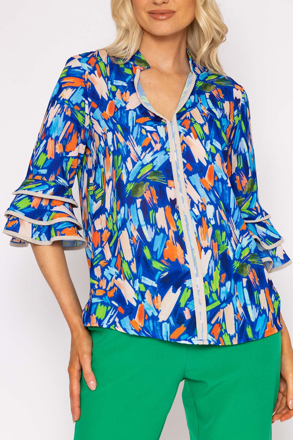 Carraig Donn V-Neck Frill Sleeve Top in Blue Print