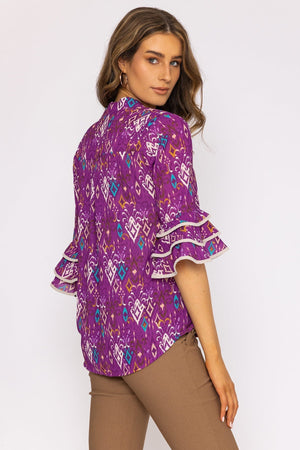 Carraig Donn V-Neck Frill Sleeve Top in Magenta Print