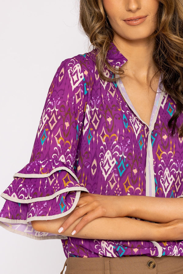 Carraig Donn V-Neck Frill Sleeve Top in Magenta Print