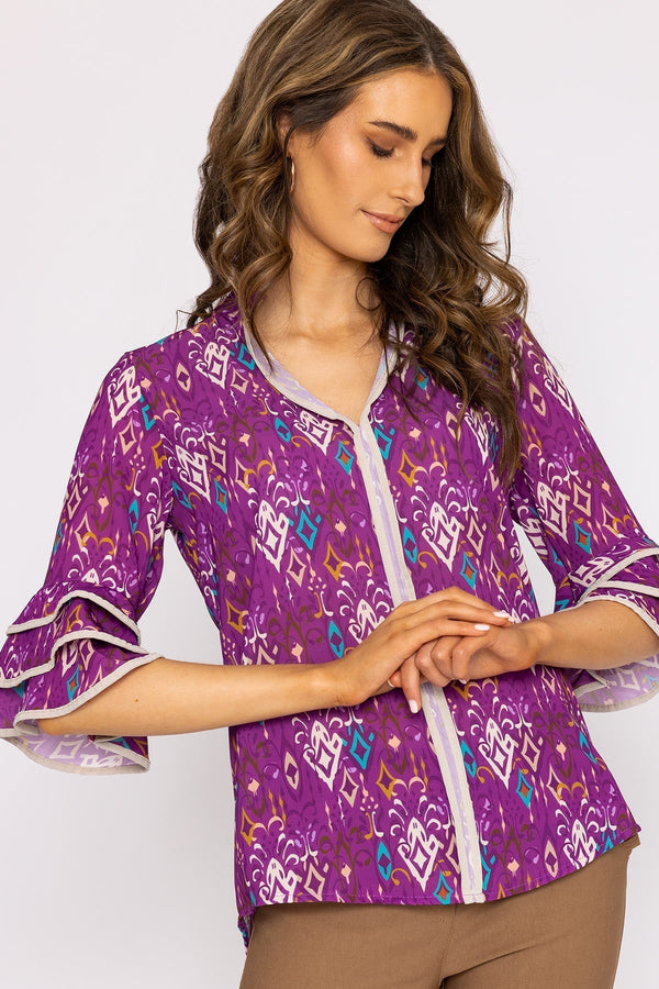 Carraig Donn V-Neck Frill Sleeve Top in Magenta Print