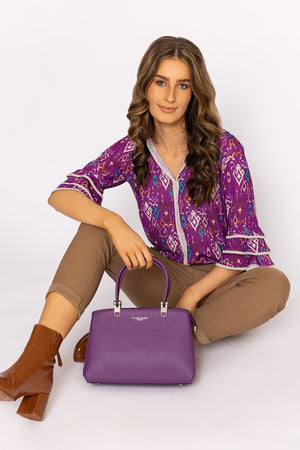 Carraig Donn V-Neck Frill Sleeve Top in Magenta Print