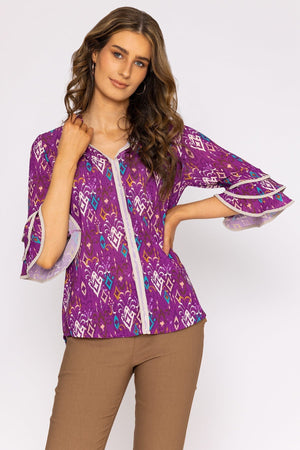 Carraig Donn V-Neck Frill Sleeve Top in Magenta Print