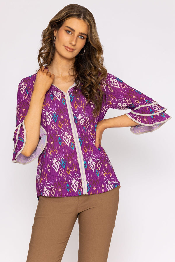 Carraig Donn V-Neck Frill Sleeve Top in Magenta Print