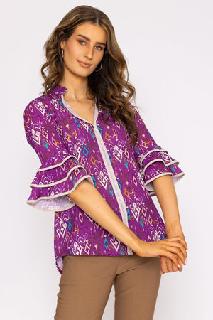 Carraig Donn V-Neck Frill Sleeve Top in Magenta Print