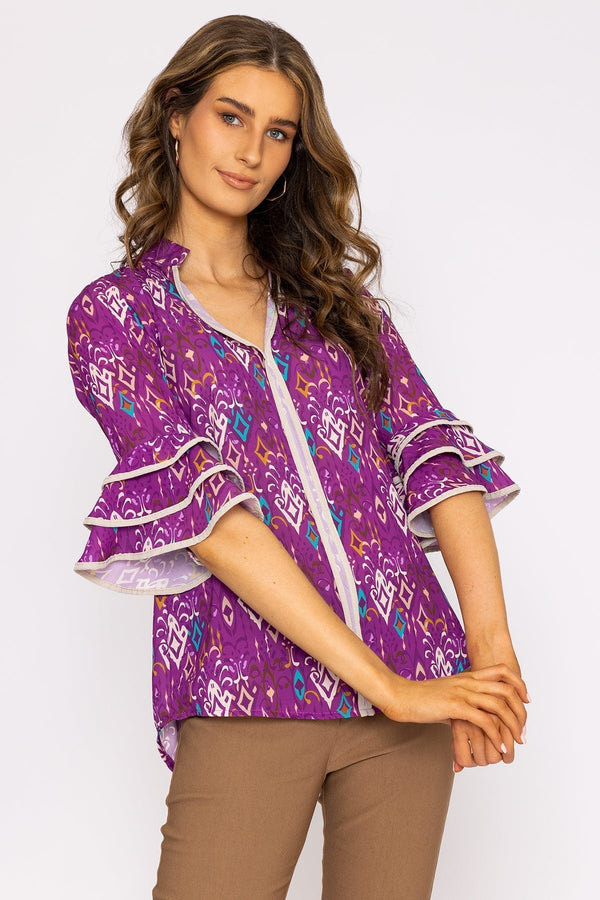 Carraig Donn V-Neck Frill Sleeve Top in Magenta Print