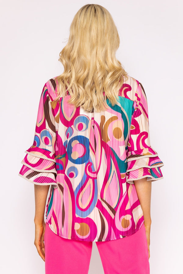 Carraig Donn V-Neck Frill Sleeve Top in Pink Paisley