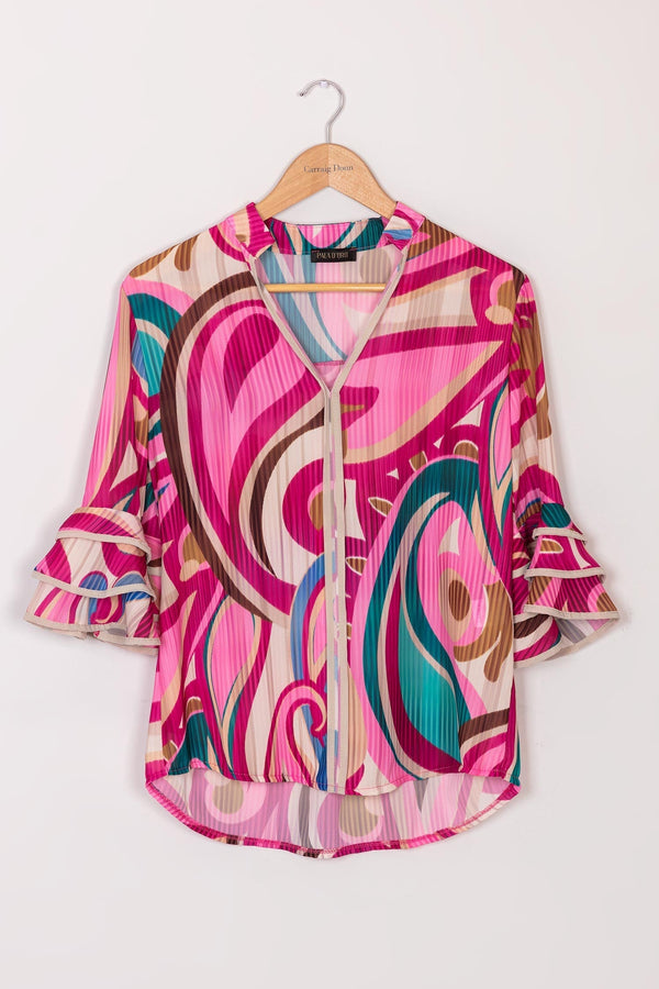 Carraig Donn V-Neck Frill Sleeve Top in Pink Paisley