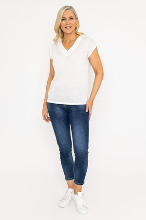 Carraig Donn V-Neck Slub Top With Neck Details in Ecru