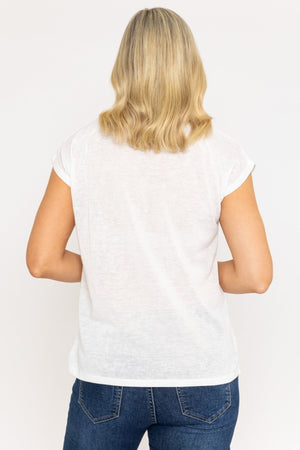 Carraig Donn V-Neck Slub Top With Neck Details in Ecru