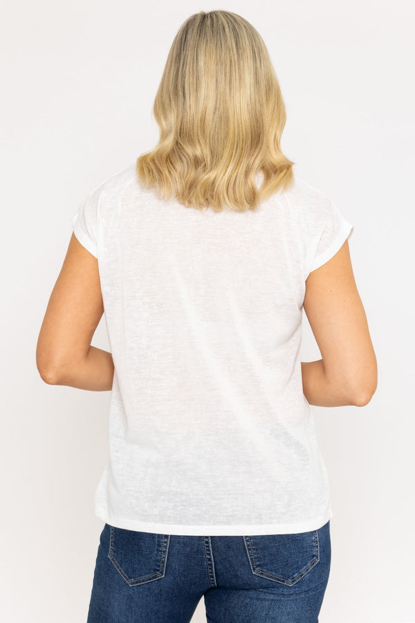 Carraig Donn V-Neck Slub Top With Neck Details in Ecru