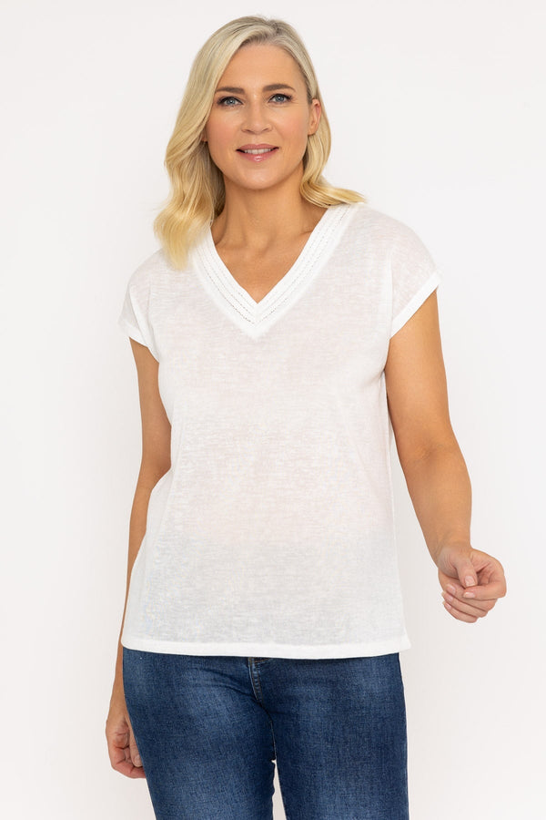 Carraig Donn V-Neck Slub Top With Neck Details in Ecru