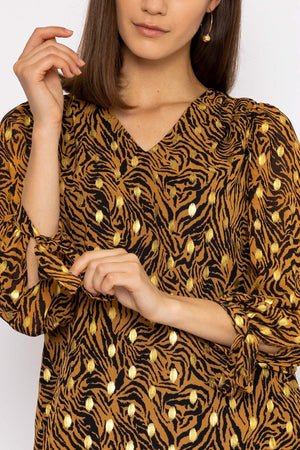 Carraig Donn V Neck Tie Sleeve Top in Gold Animal Print