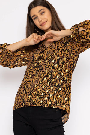 Carraig Donn V Neck Tie Sleeve Top in Gold Animal Print