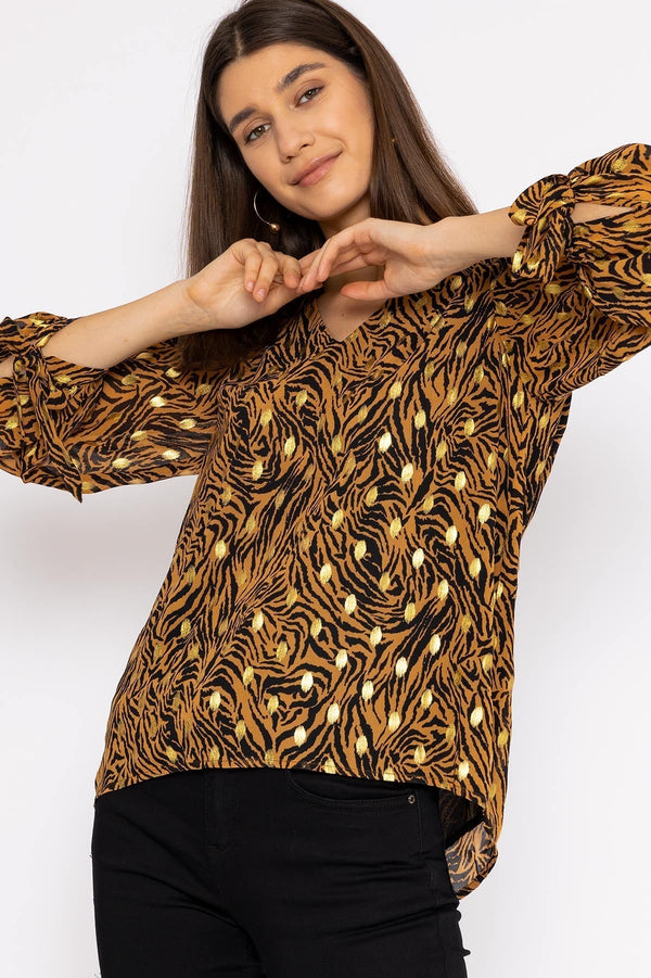 Carraig Donn V Neck Tie Sleeve Top in Gold Animal Print