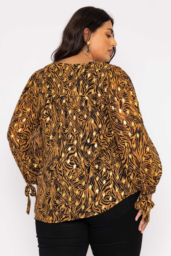 Carraig Donn V Neck Tie Sleeve Top in Gold Animal Print
