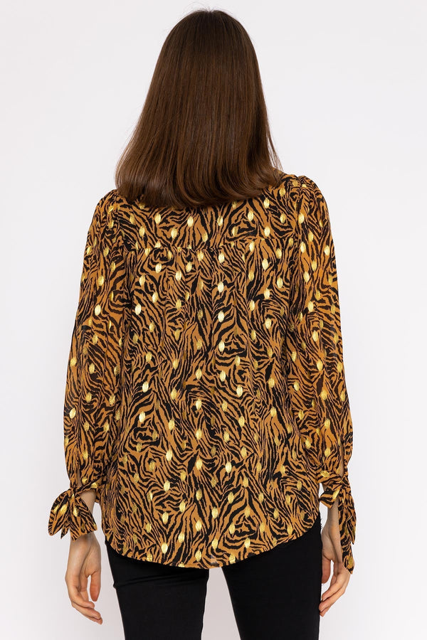 Carraig Donn V Neck Tie Sleeve Top in Gold Animal Print